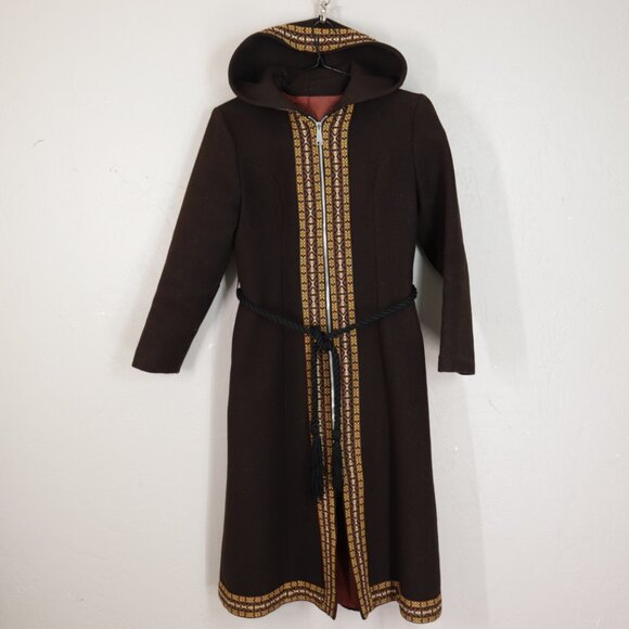 Vtg 70s Wool Coat S Brown Boho Embroider Edge Pockets Tie Waist Lined Hooded